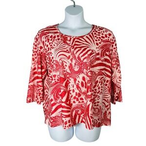 Cathy Daniels Top Womens XL Red White Abstract Animal Print Studded 3/4 Sleeve